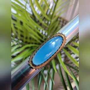 Blue Chalcedony Gemstone Statement Ring - Elongated Size 8